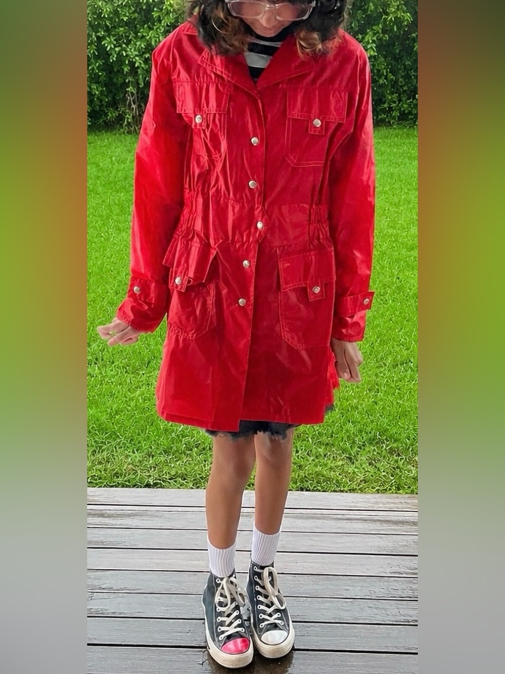 RARE Vintage 70s Nylon Red Shiny Raincoat Utility Trench Small